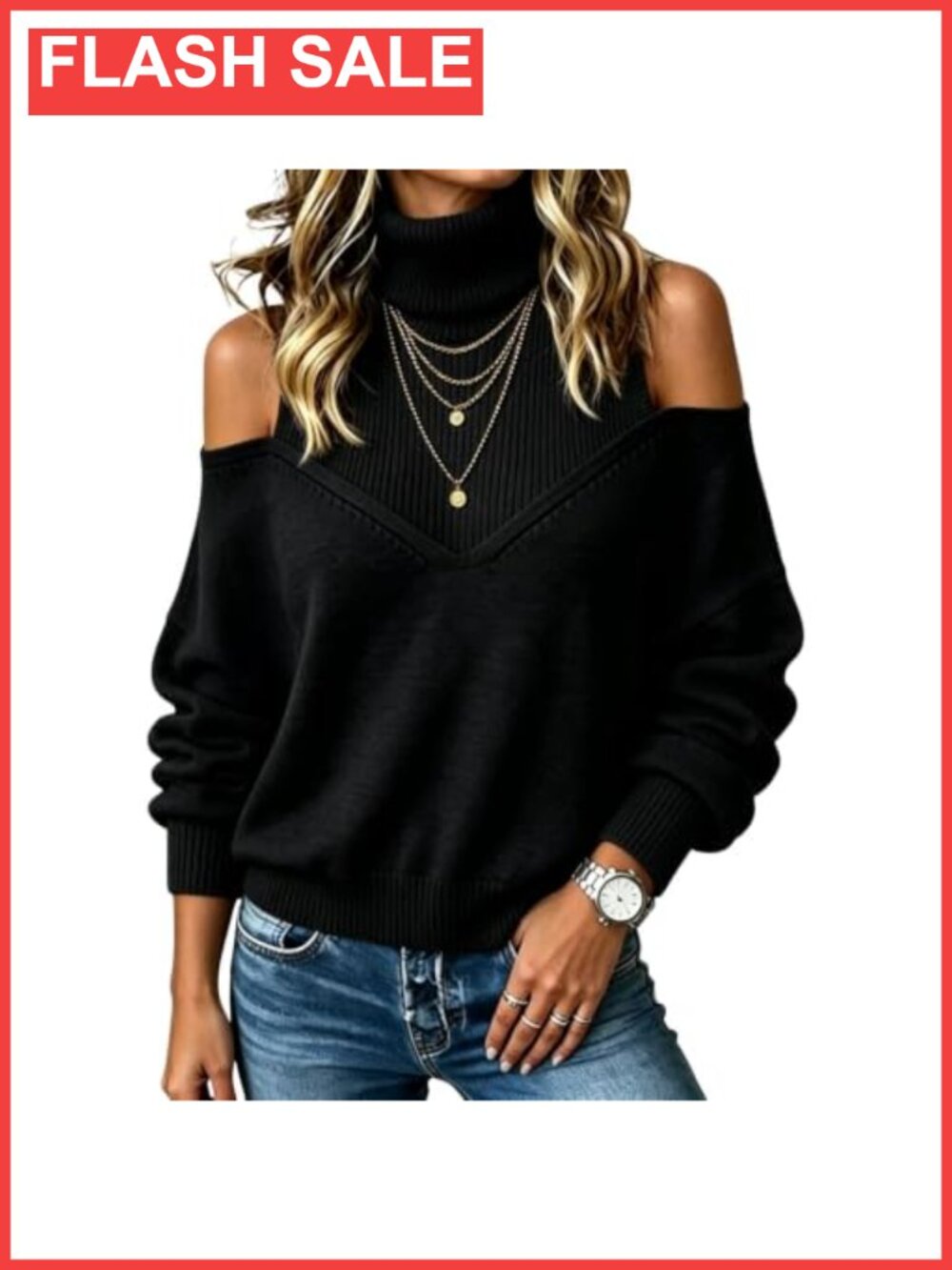Cold Shoulder Turtleneck Knit Pullover Sweater Loose Fit Fall Casual